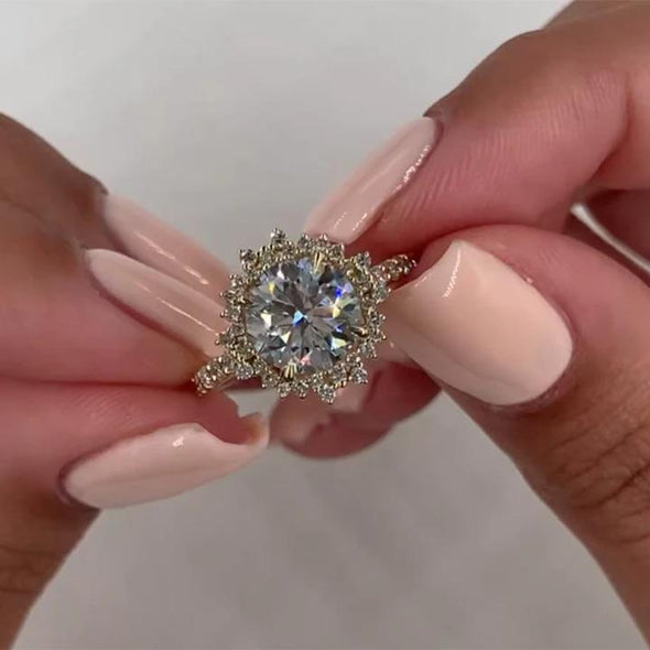 Unique Flower Halo Design Round Cut Engagement Ring