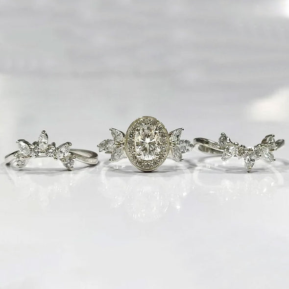 Crown Design Oval Cut Cluster Sterling Silver Bridal Ring Set