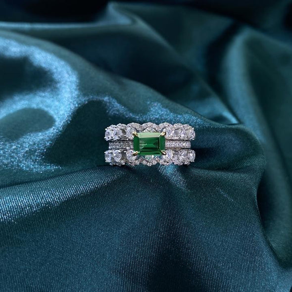 Emerald Double Row Sterling Silver Engagement Ring
