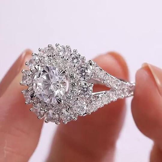 Cluster Double Halo Round Cut Sterling Silver Engagement Ring