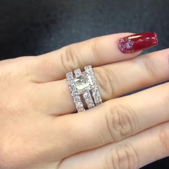 3pcs Radiant Cut Sterling Silver Wedding Bridal Set