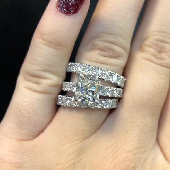 3pcs Radiant Cut Sterling Silver Wedding Bridal Set