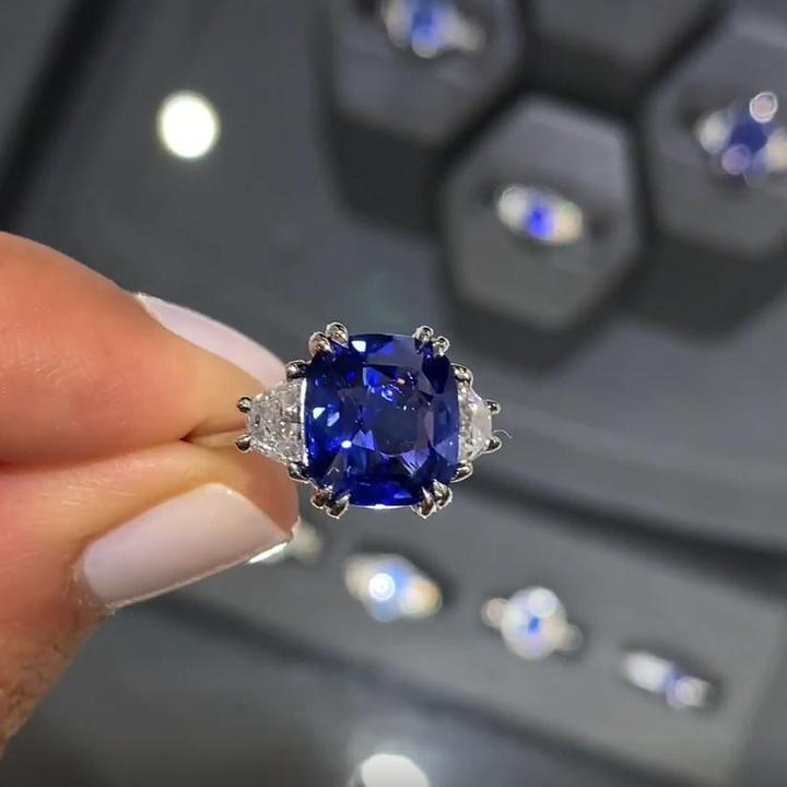 Moissanite and Blue Sapphire Three Stone Ring #GTJ3734-round-fo-14w - Gerry  The Jeweler