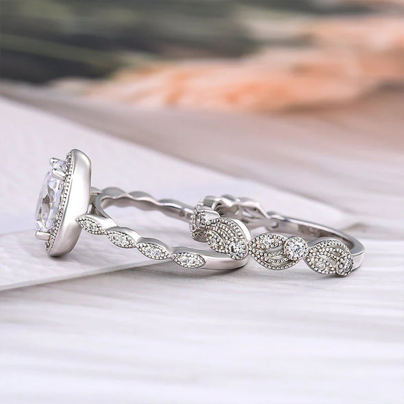 Unique Design Leaf & Vine Halo Oval Cut Bridal Set in Sterling Silver