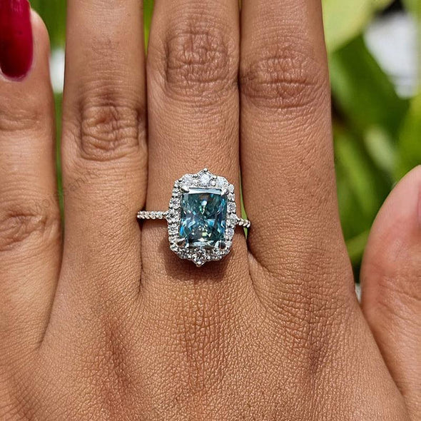 Gorgeous Cyan Blue Radiant Cut Sterling Silver Engagement Ring