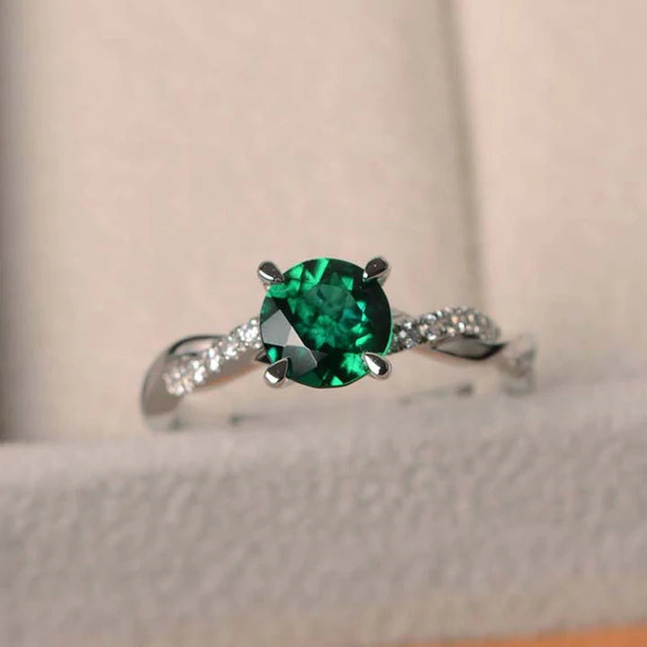 Green emerald engagement ring white gold handmade diamond halo ring te –  WILLWORK JEWELRY
