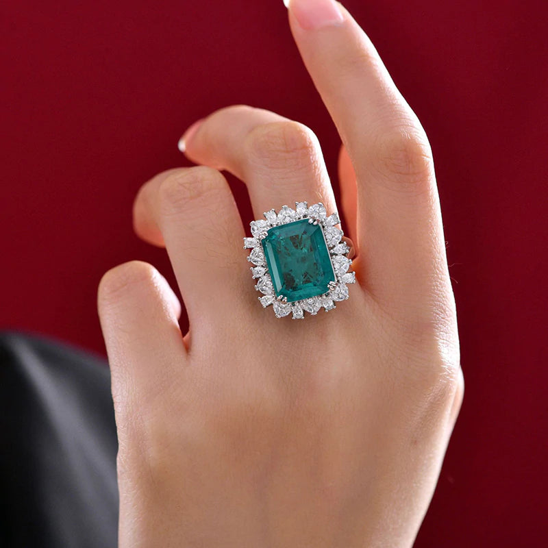 Vintage Emerald Green Halo Sterling Silver Engagement Ring With Spilt Shank