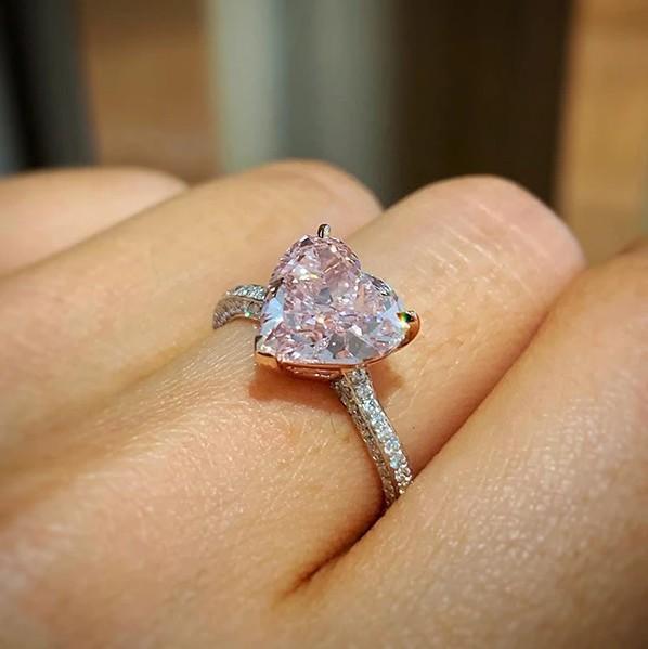 Heart Cut Therr-Stone Pink Lab Grown Diamond Engagement Ring 5.0 CTW w –  Huge Tomato