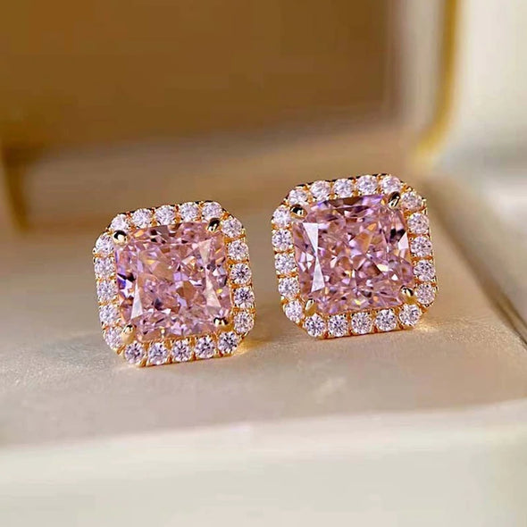 Pink Radiant Cut Rose Golden Plated Stud Earrings