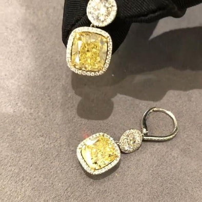 Vintage Fancy Yellow Cushion Cut Dangle Earrings