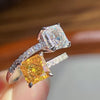 Adjustable Yellow and White Double Stone Cushion Cut Sterling Silver Engagement Ring