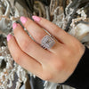 Double Halo Three Shank Emerald Cut Sterling Silver Engagement Ring
