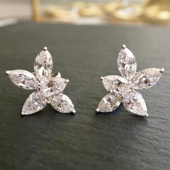 Dainty Flower Design Marquise & Pear Cut Sterling Silver Stud Earrings