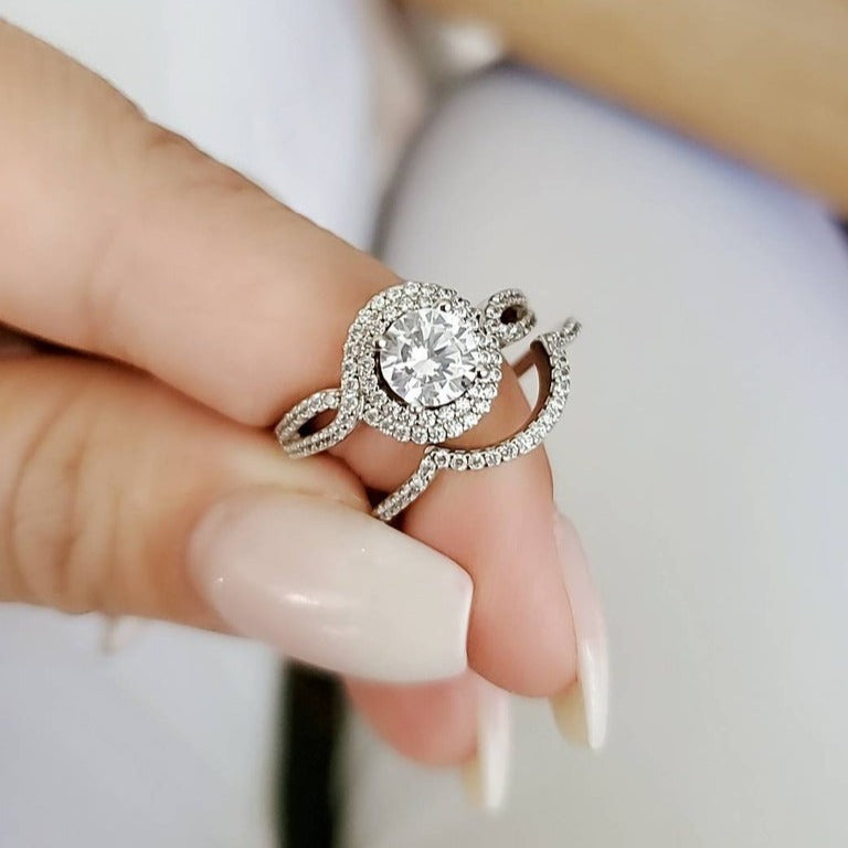 Sterling Silver CZ Round and Baguette Two Piece Wedding Set Rings