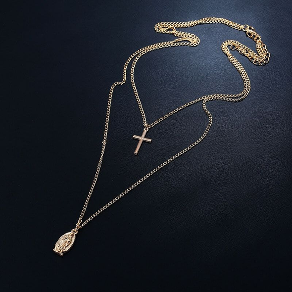 Cross & Pendant Double Layered Necklace