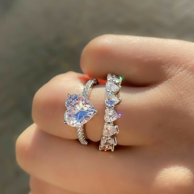 Heart Shape Natural Morganite Engagement Ring Set Rose Gold - Etsy | Heart  wedding rings, Heart shaped engagement rings, Round diamond engagement rings