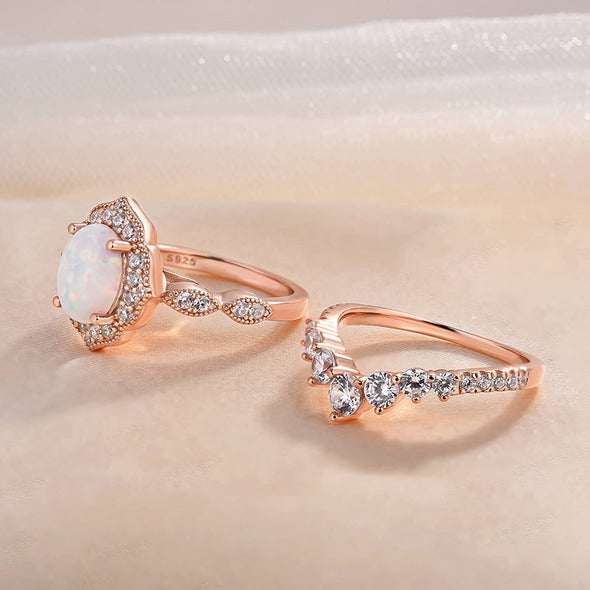 Elegant Rose Golden Tone Oval Cut Opal Bridal Set In Sterling Silver