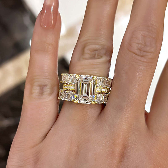 Gorgeous Golden Tone Emerald Cut 3PC Wedding Set In Sterling Silver