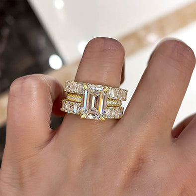 Gorgeous Golden Tone Emerald Cut 3PC Wedding Set In Sterling Silver