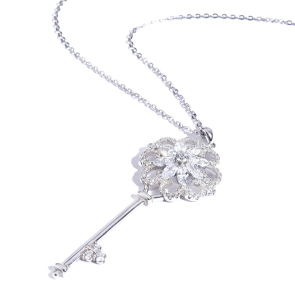 Flower Shaped Key Pendant Necklace in Sterling Silver