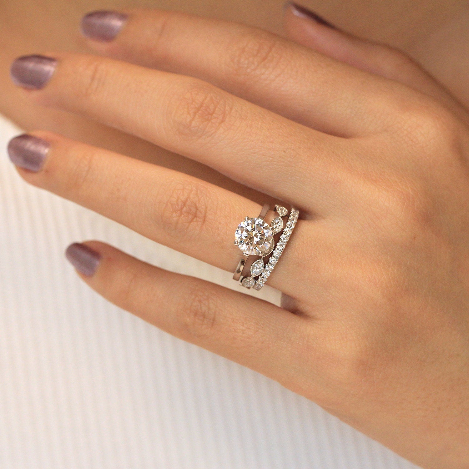 3pcs Art Deco Solitaire Round Cut Bridal Set Ring in Sterling Silver Stackable Ring Set