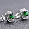 Double Halo Cushion Cut Stud Emerald Green Earrings In Sterling Silver