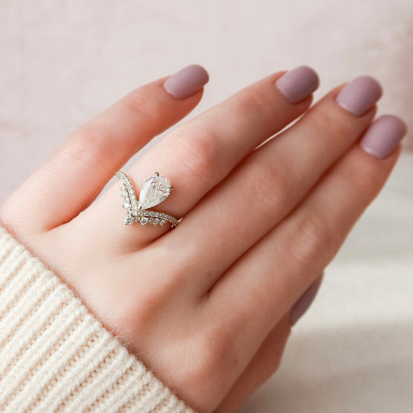 Pear Cut Teardrop Chevron Ring Engagement Ring in Sterling Silver
