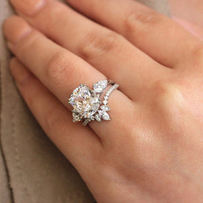 2pcs Radiant Cut Three Stone Pear Cut Side Stone Bridal Set Ring in Sterling Silver