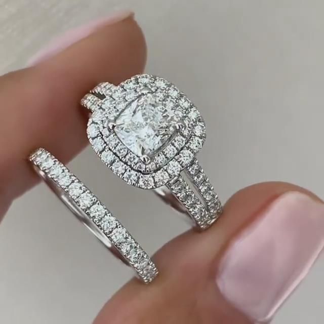 2PCS Double Halo Cushion Cut Bridal Set Ring in Sterling Silver