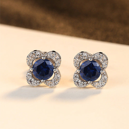 Blue Gems Flower Stud Earrings in Sterling Silver