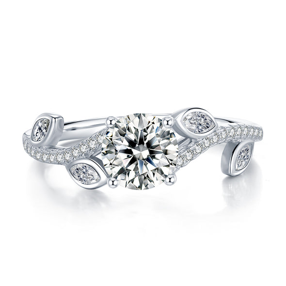 Round Cut Leaf Shank Engagement Ring in Sterling Silver