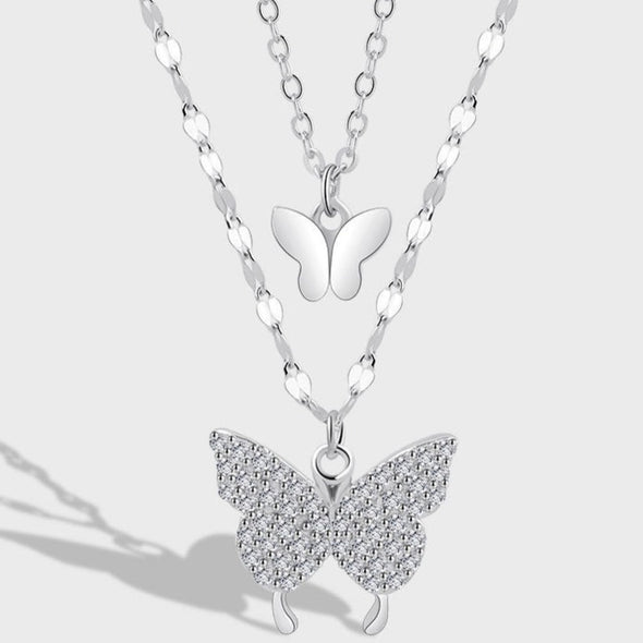 Butterfly Pendant Double Layer Necklace in Sterling Silver
