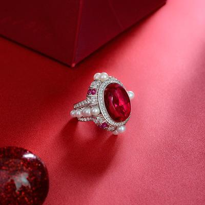 Retro Ruby Oval Cut Pearl Engagement Ring